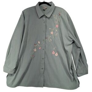 TEDDI WOMAN 3X Sage Green Embroidered Floral Button Front Shirt Top